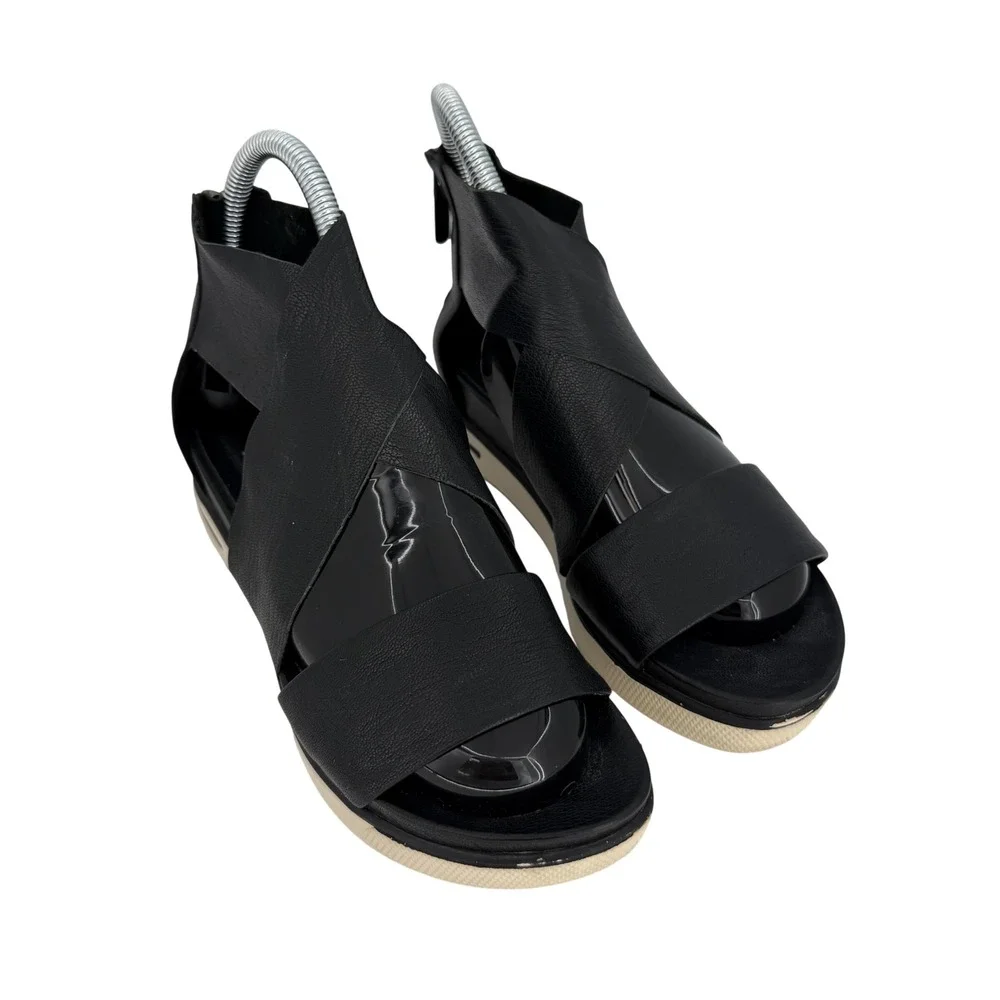 Eileen Fisher Black Leather Platform Sandals Crisscross Minimalist Luxe‎ Women 6